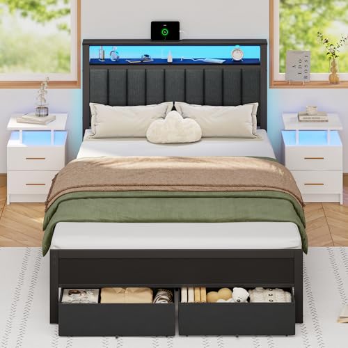 Grey Upholstered Twin Bed Frame with Charging Station and LED Lights C461