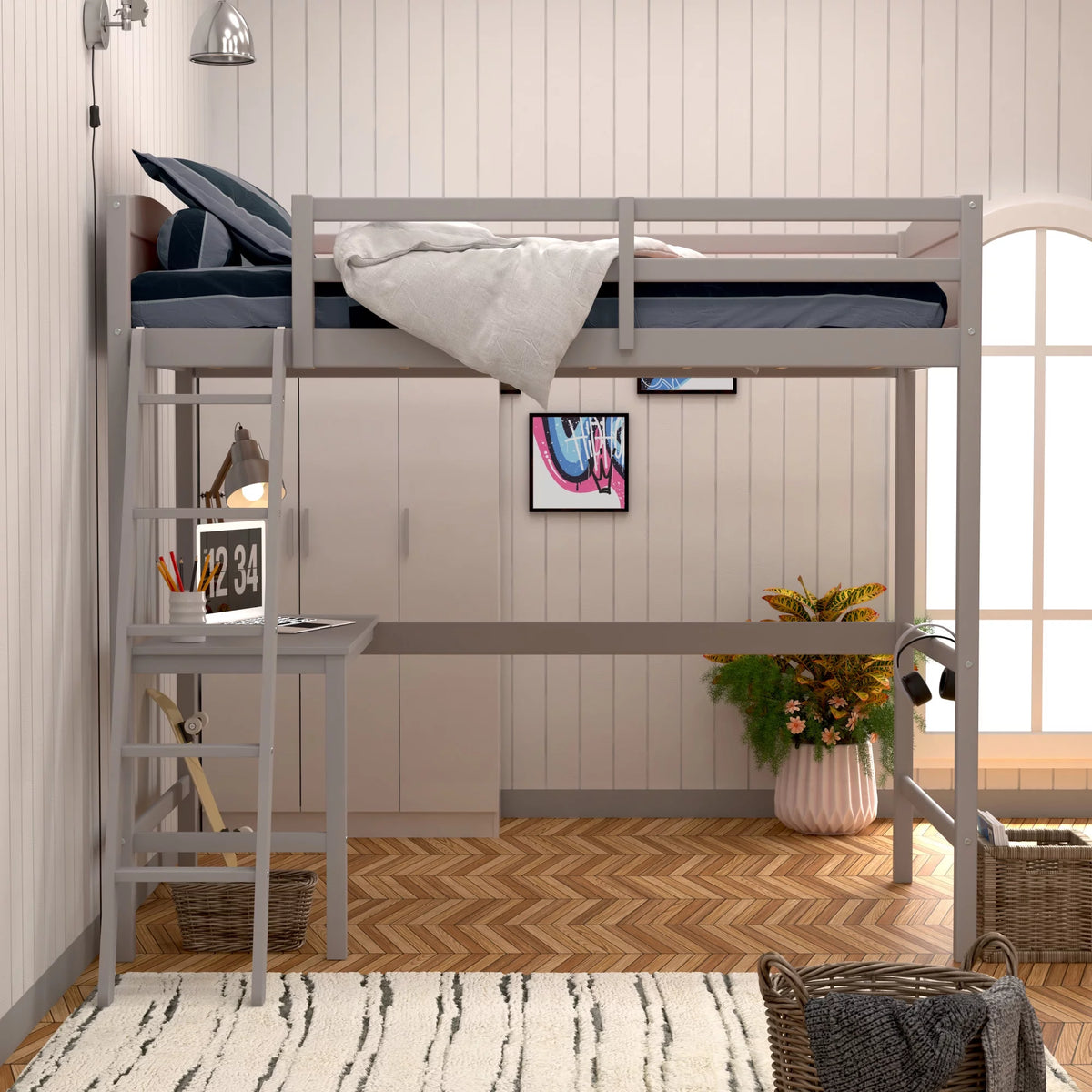 Gray Wood Twin Loft Bed with Desk N568