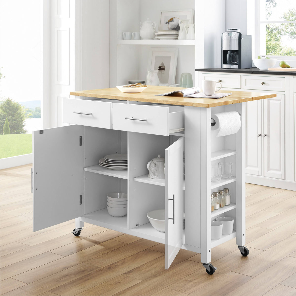 White Drop-Leaf Kitchen Island Cart M87559