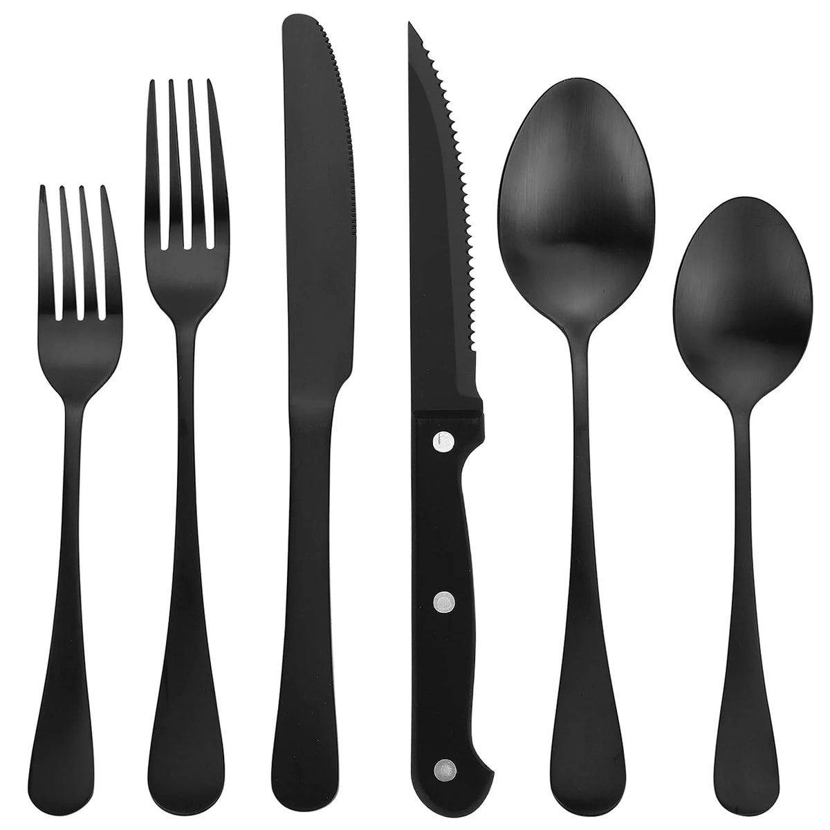 24 Piece Matte Black Silver Stainless Steel Cutlery Set with Steak Knife W395