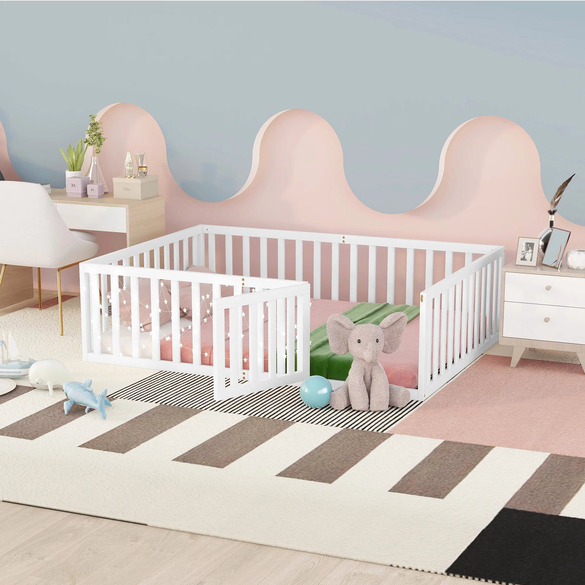 Full Size White Wood Daybed Frame with Fence M382140