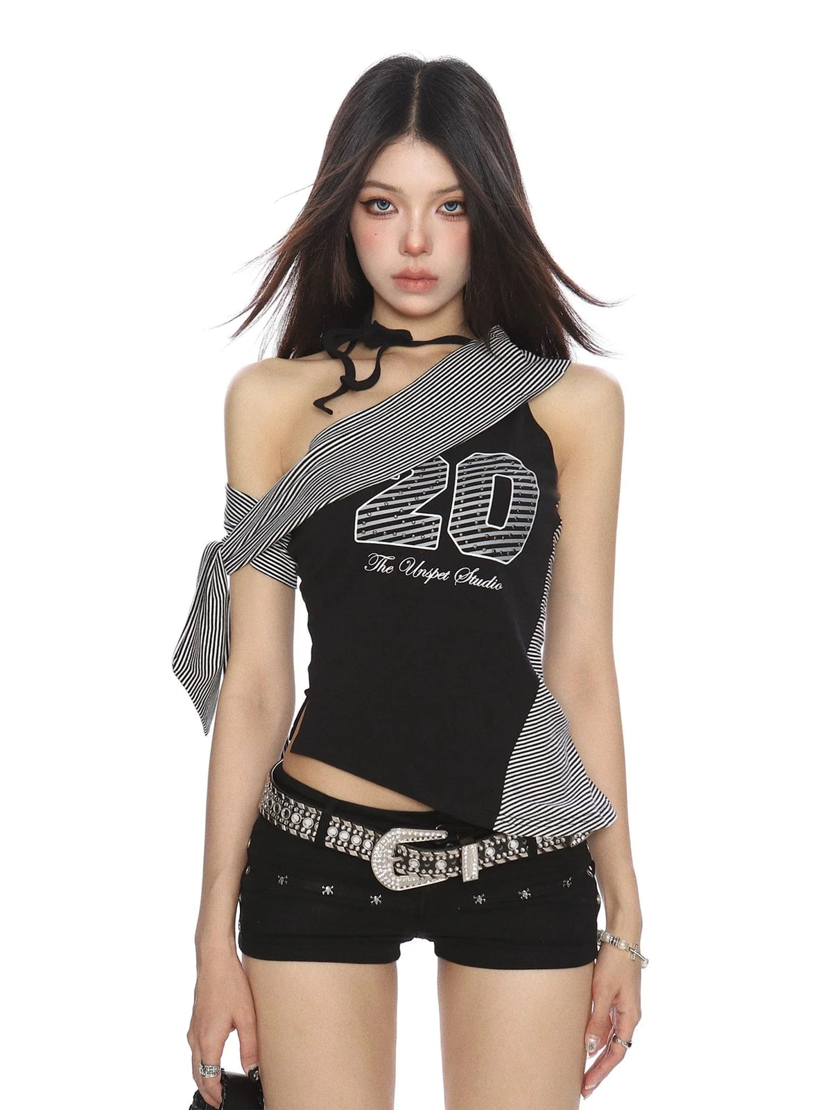 Low Waist Rhinestone Buckle Shorts K76198