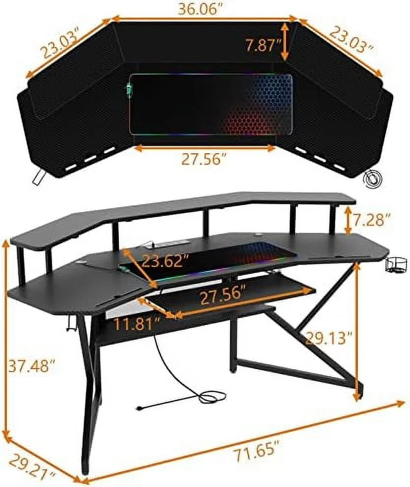72" Gaming Desk with Power Outlet & Led Strip C100