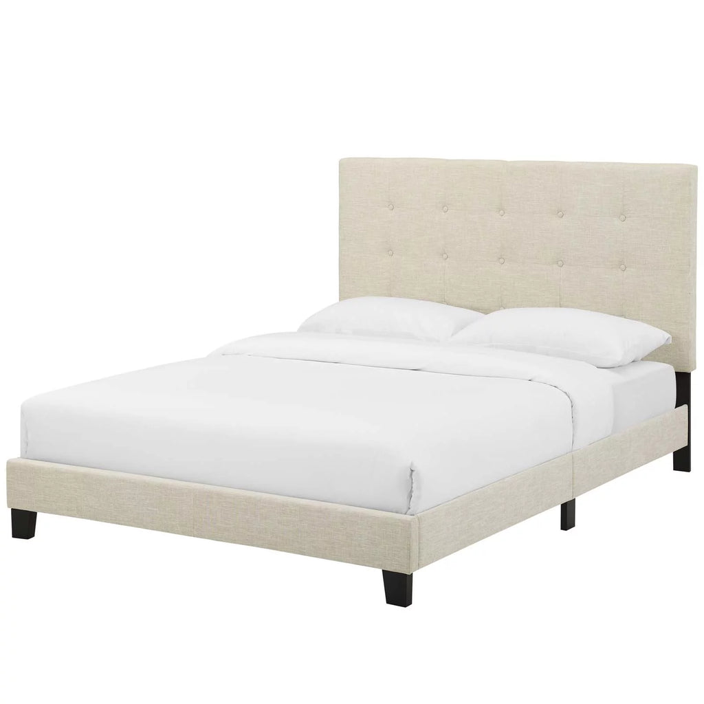 Beige Fabric Full Size Platform Bed Frame T7158