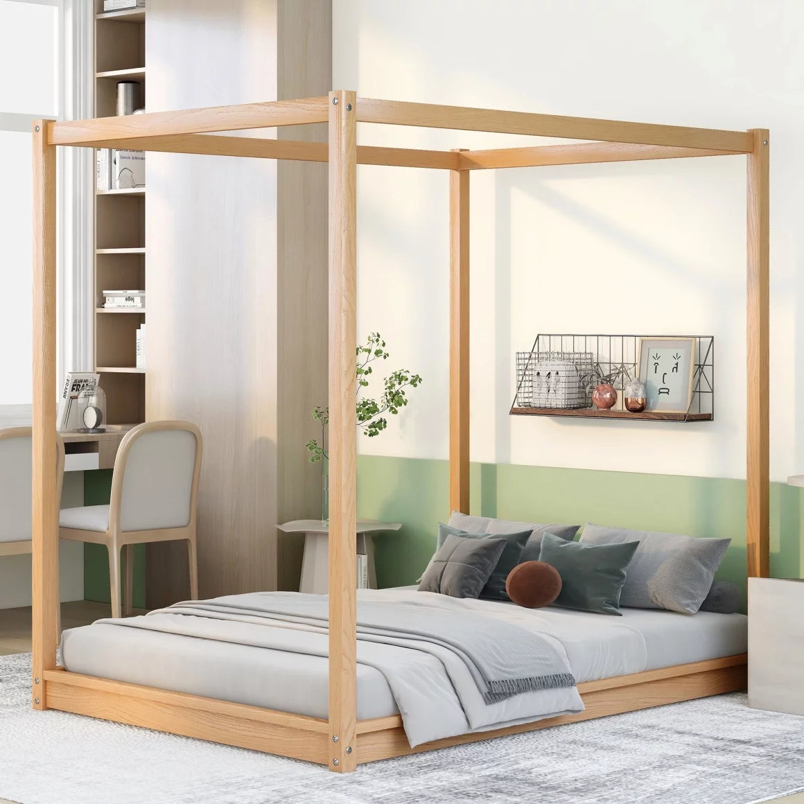 White Queen Size Wood Canopy Bed Frame with Headboard Q499