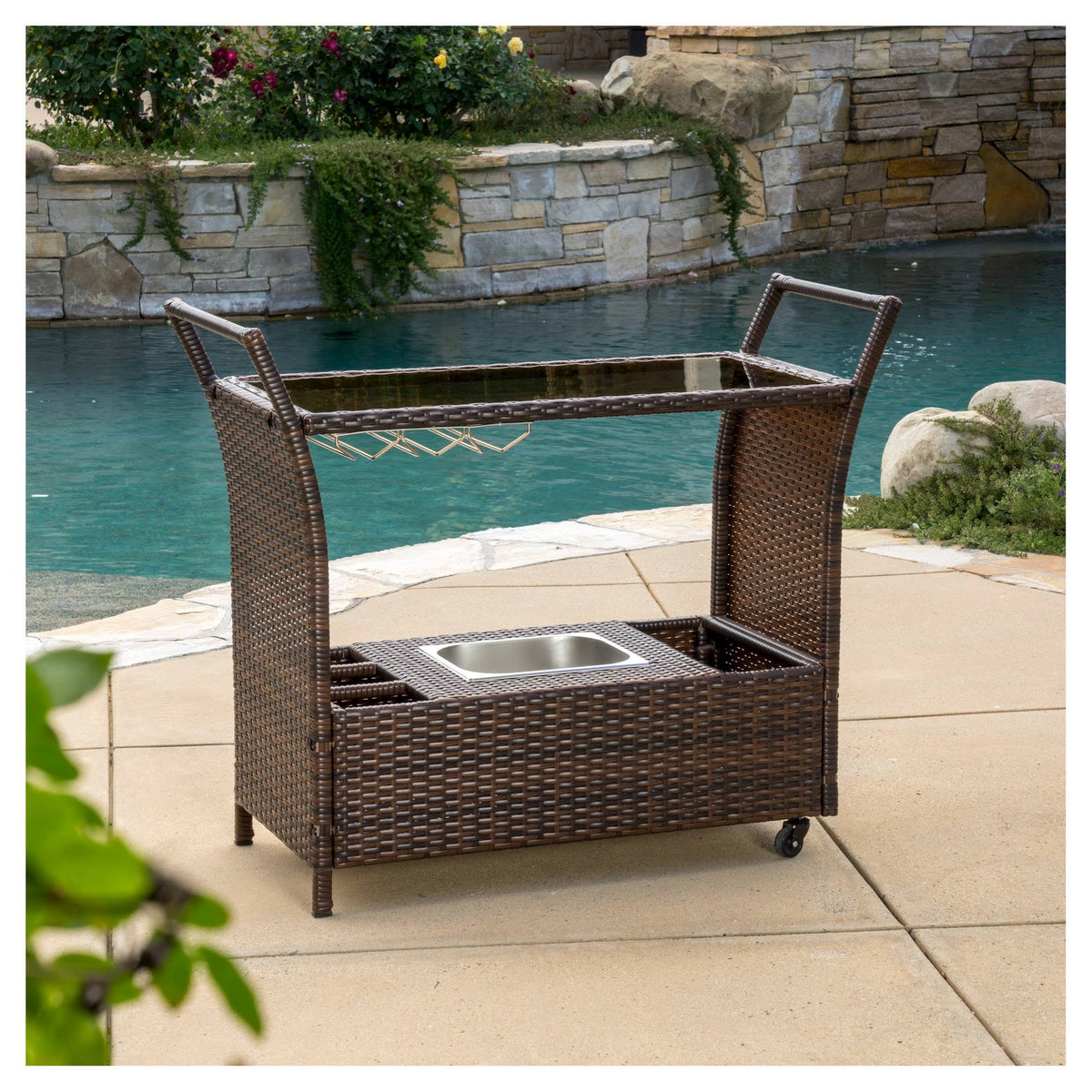 Brown Wicker Bar Cart P901192