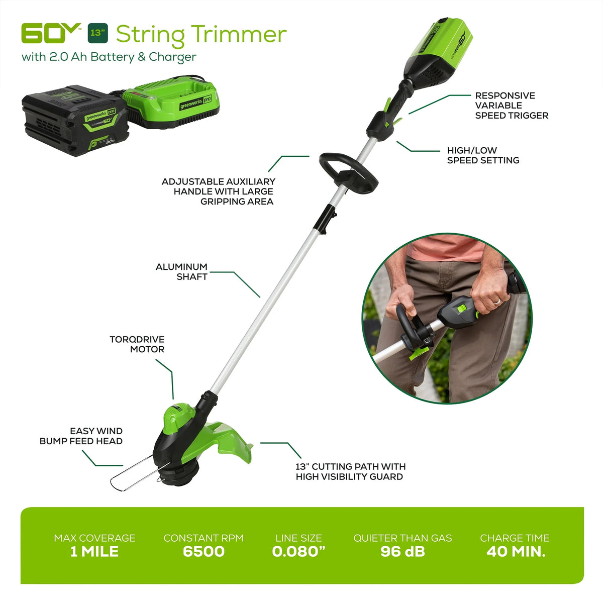 60V Cordless Battery String Trimmer with 2.0Ah Battery & Charger G970133