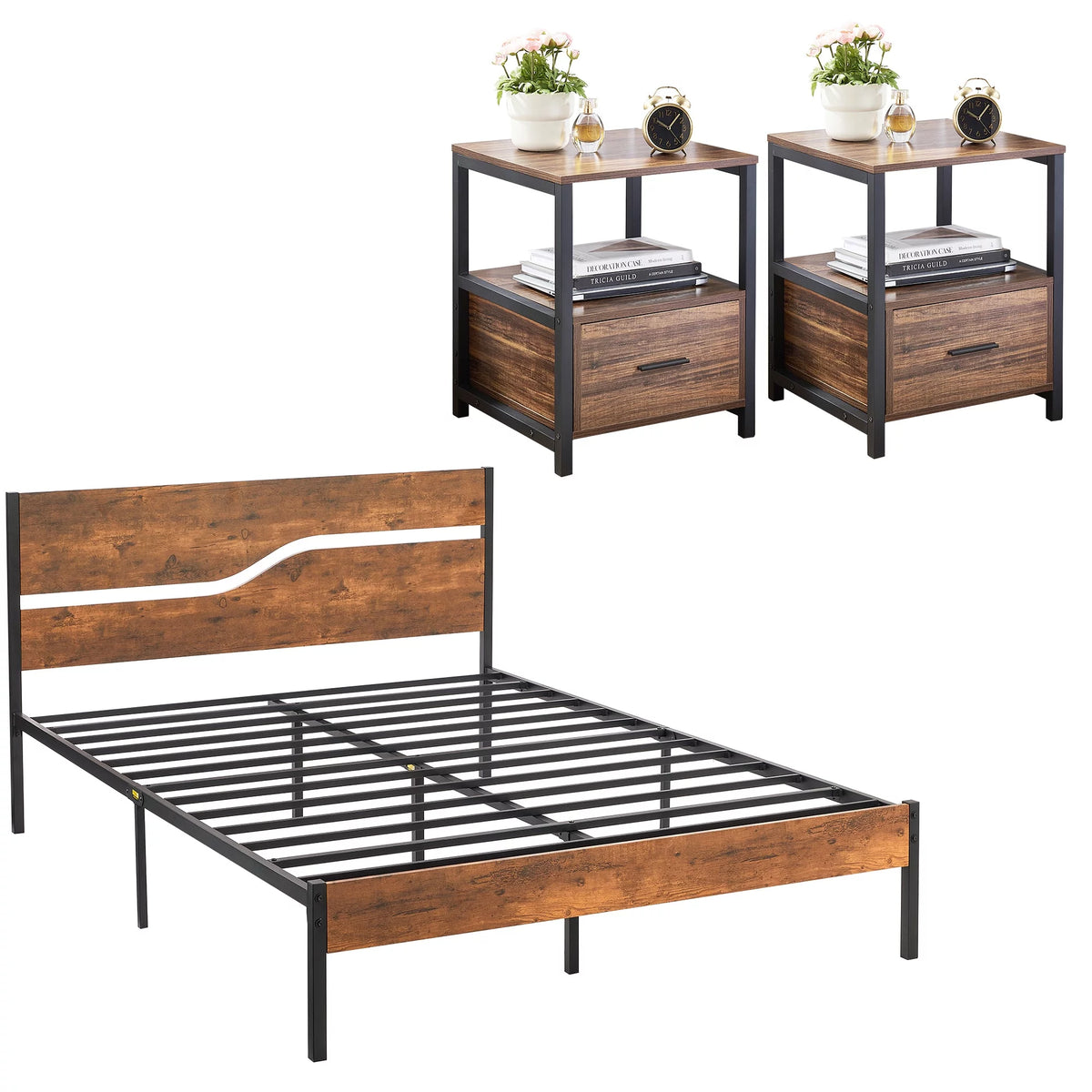 3-Piece Bedroom Set Full Bed Frame and 2 Brown Nightstands M7331
