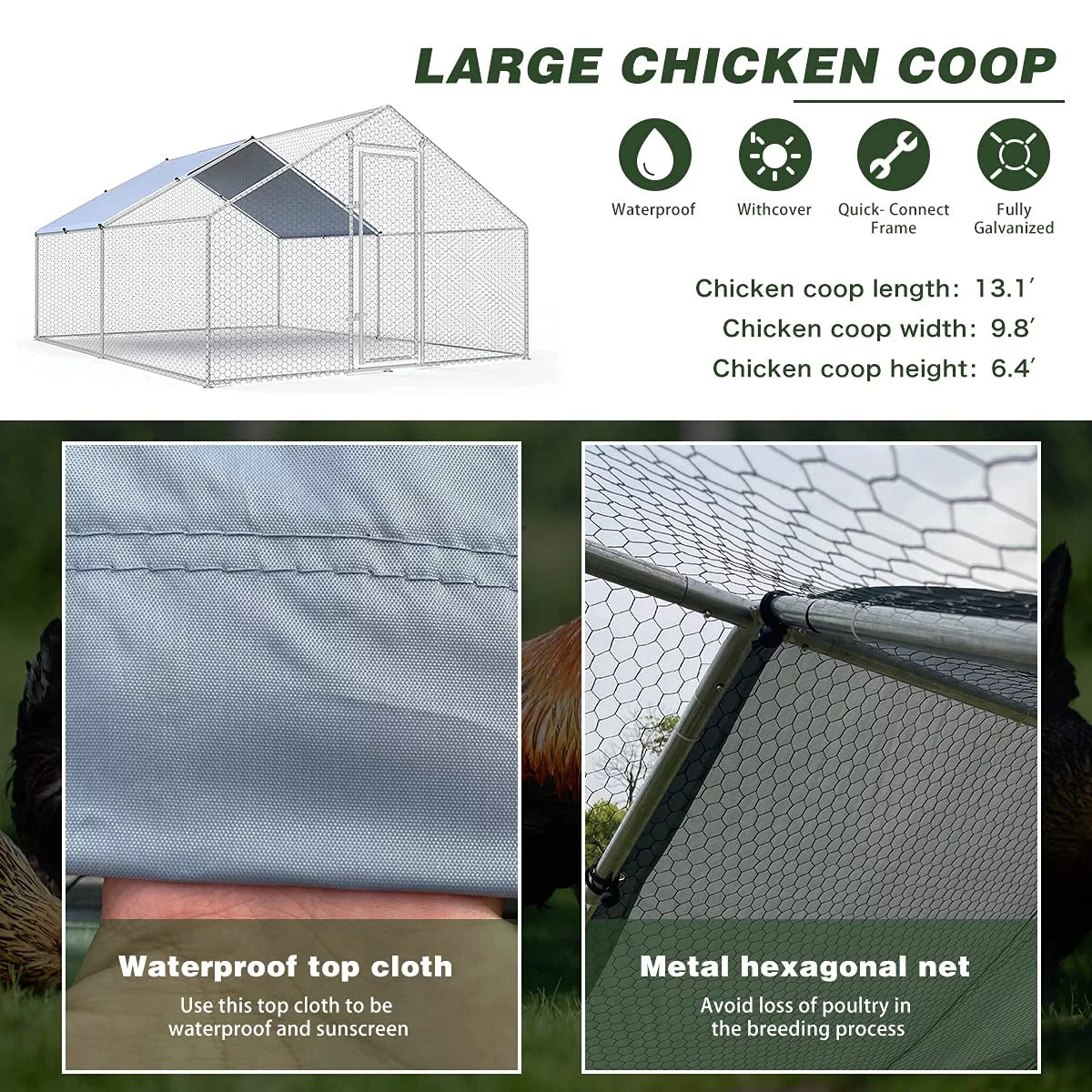 Extra Large 10 x 13 ft Metal Walk-in Chicken Coop W801