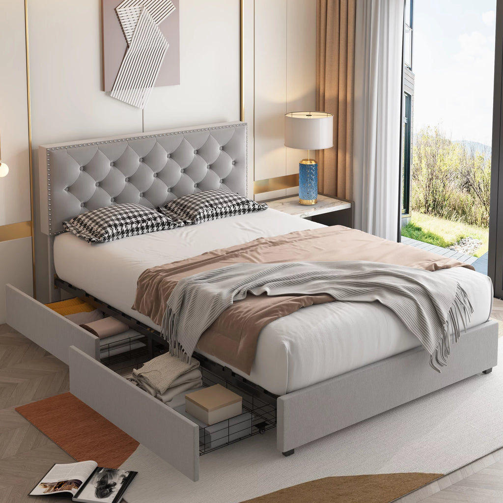 Queen Size Storage Bed with 4 Drawers, Off-White R922063