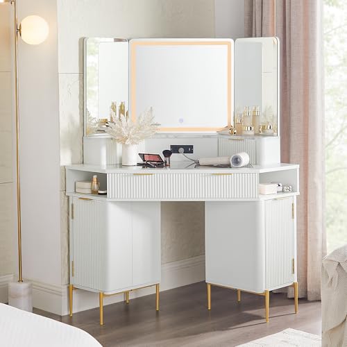 White Corner Vanity Desk with Mirror and Lights, Glass Top, 3 Drawers M60150