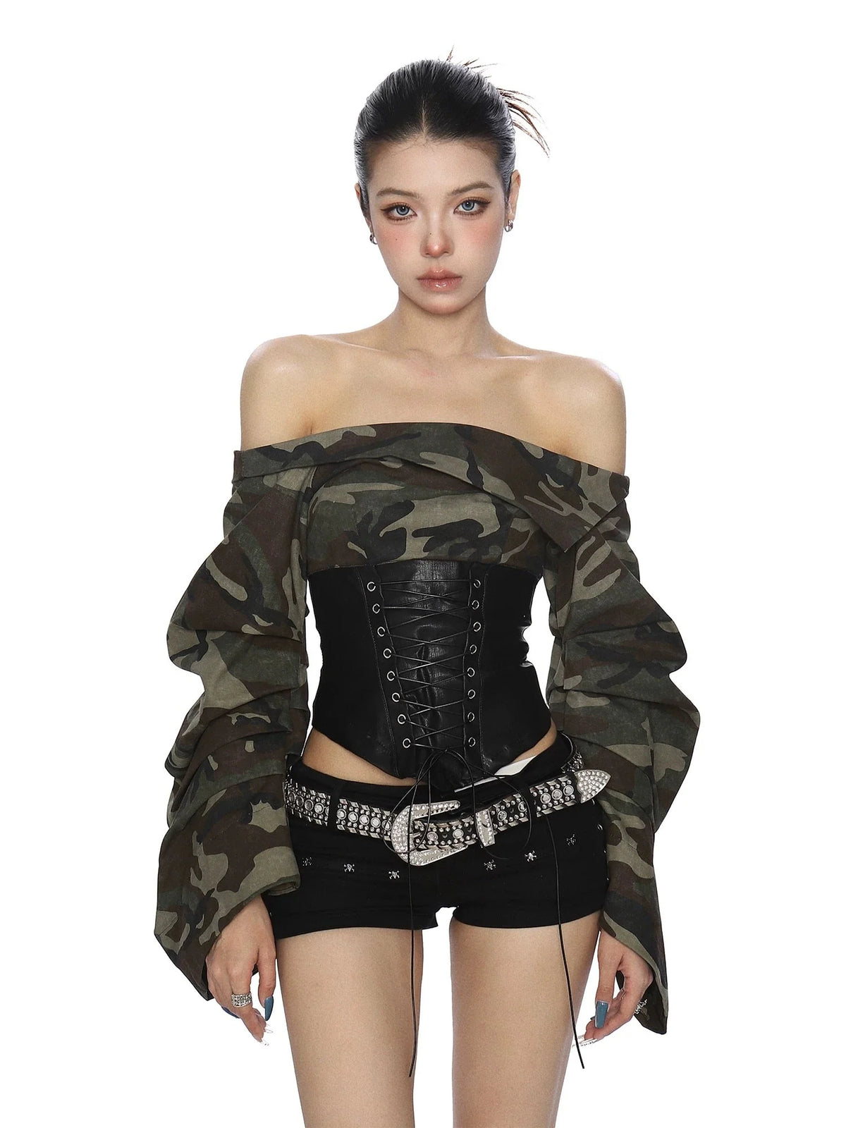 Low Waist Rhinestone Buckle Shorts K76198