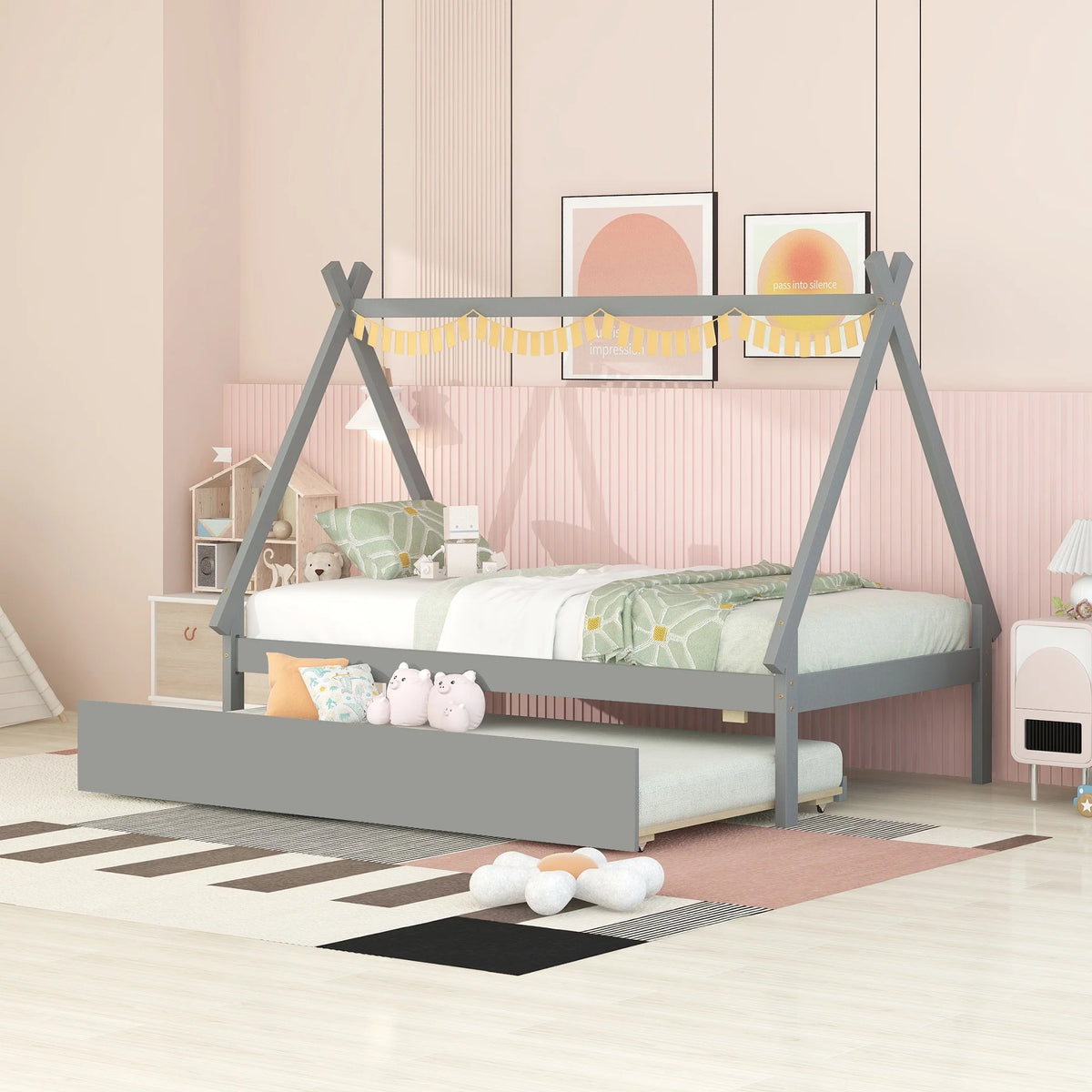 Twin Size Wooden Tent-shaped Platform Bed with Trundle O623873