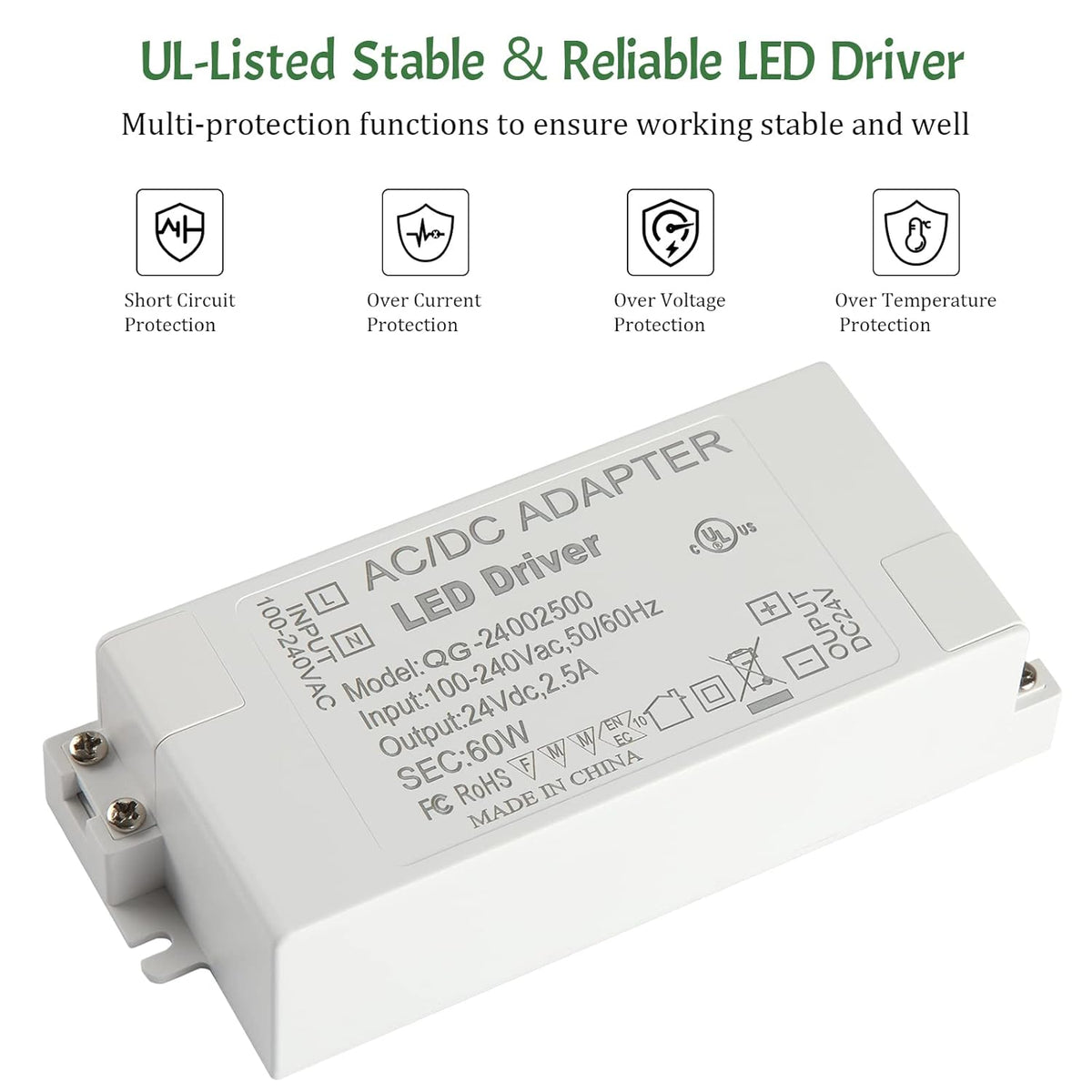 UL Certified AC 100-240V to DC 24V 2.5A Power Supply Adapter V171533