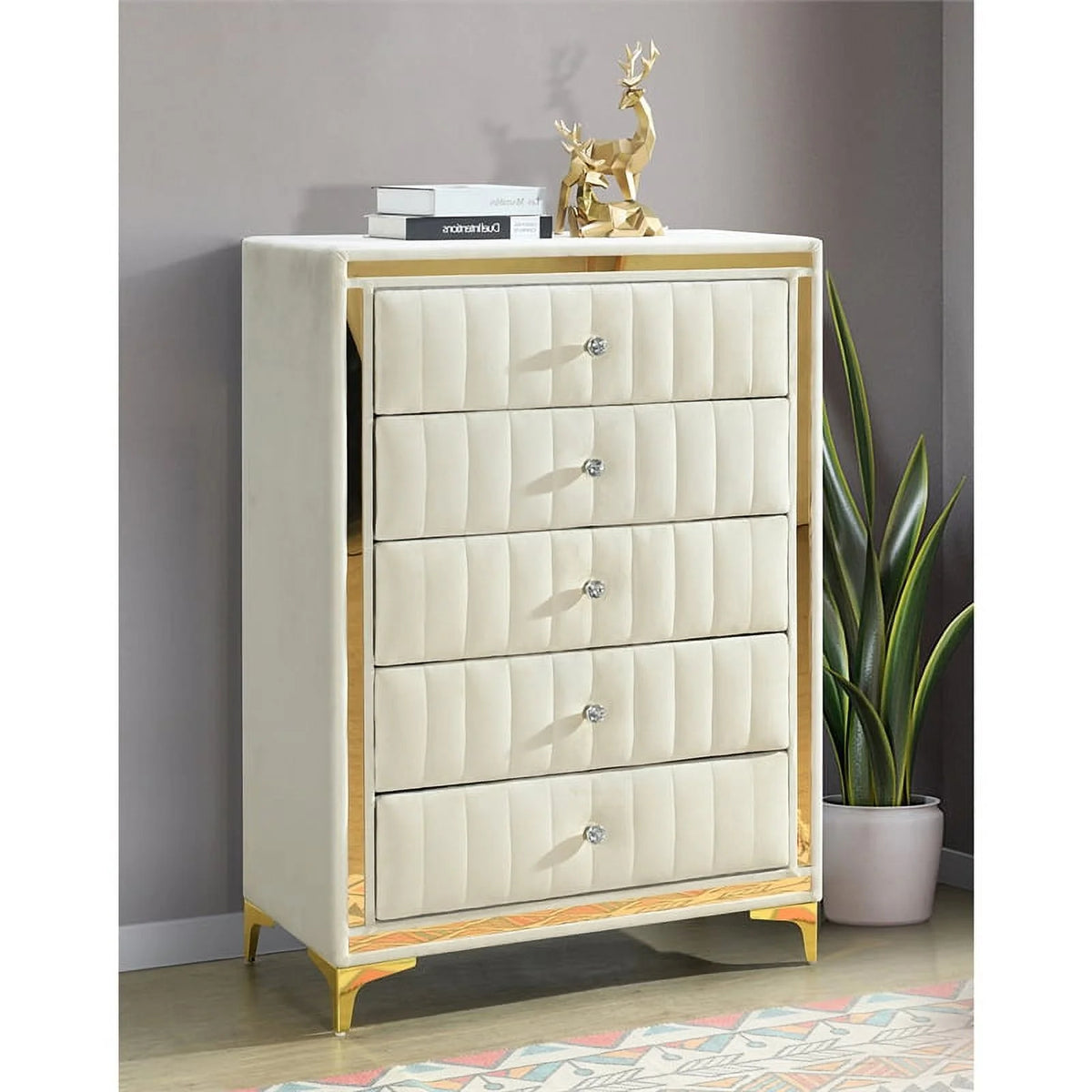 Cream Velvet Upholstered 5-Drawer Chest T243799