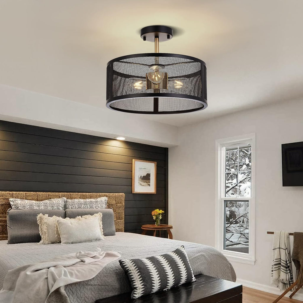 Black Semi Flush Mount Ceiling Light Fixture with 3 Metal Cage A441828