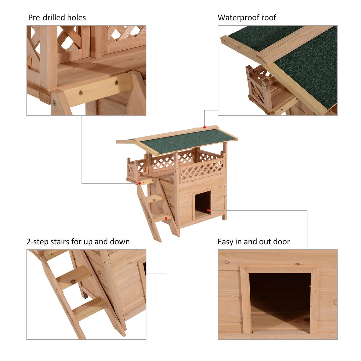 2-Story Wooden Cat House Shelter With Balcony Roof I916