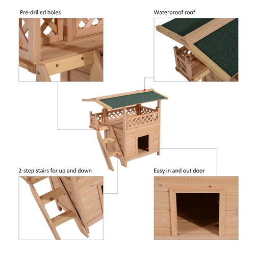 2-Story Wooden Cat House Shelter With Balcony Roof I916