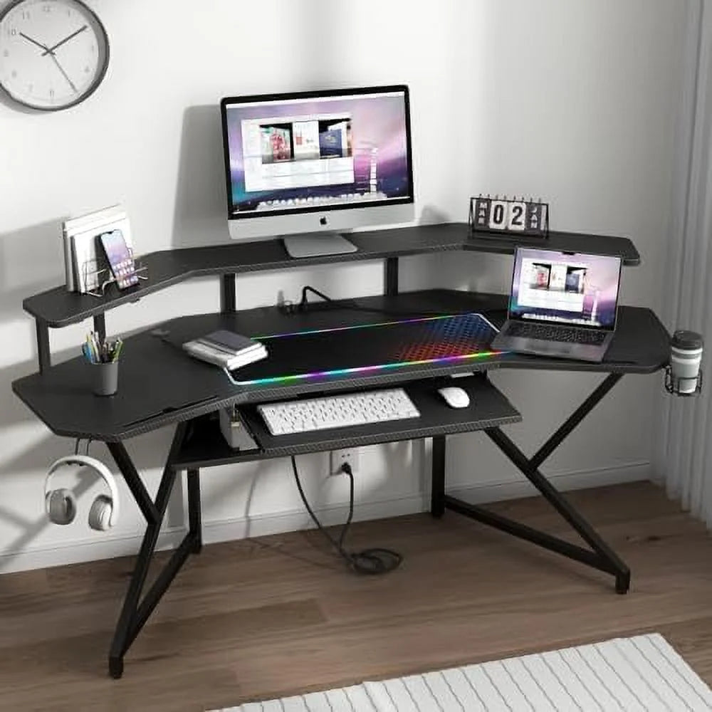 72" Gaming Desk with Power Outlet & Led Strip C100