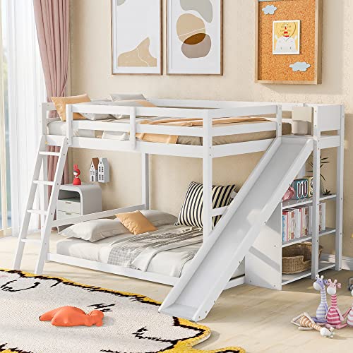 Modern Grey Wood Bunk Bed with Slide and Storage Shelves Q2980