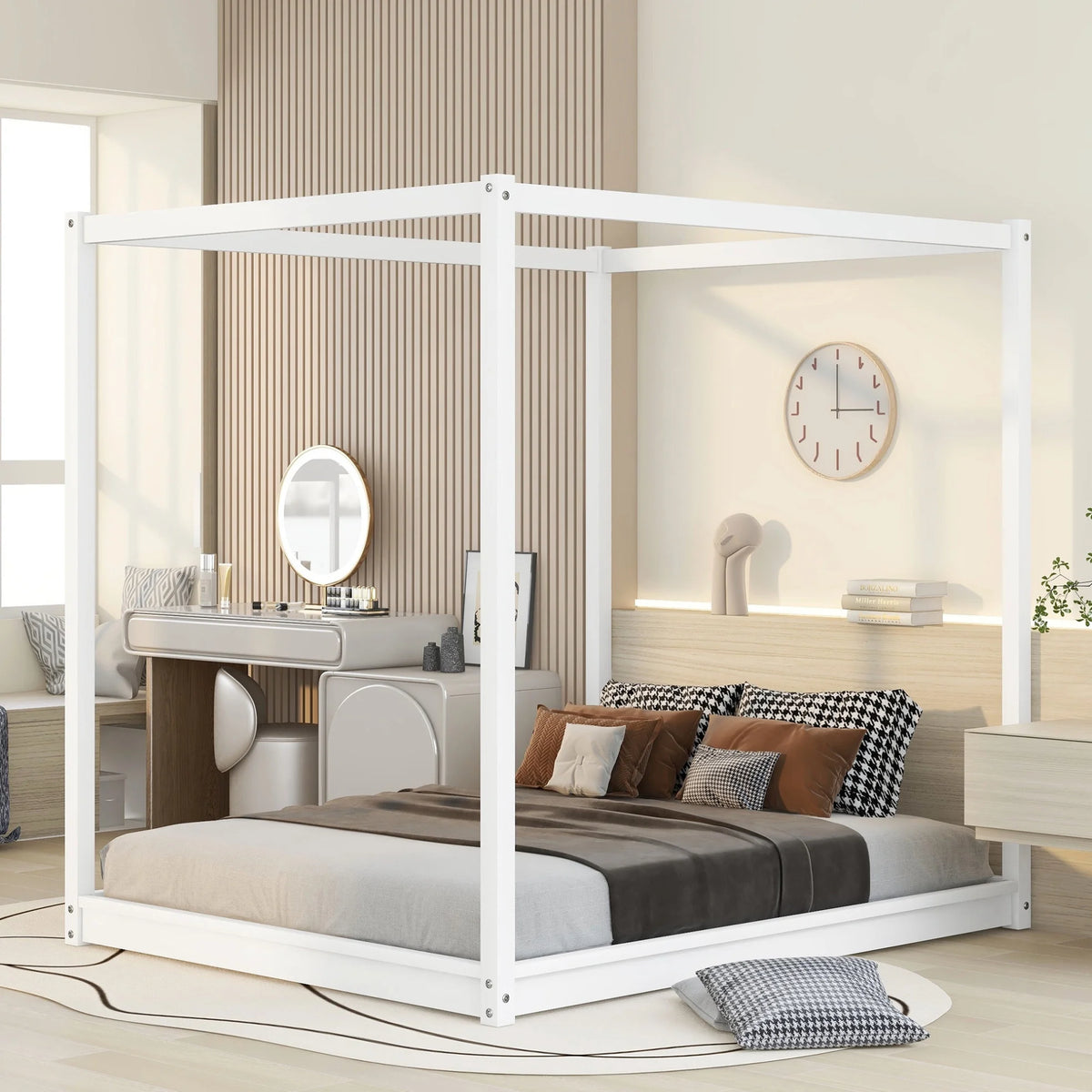 White Queen Size Wood Canopy Bed Frame with Headboard Q499
