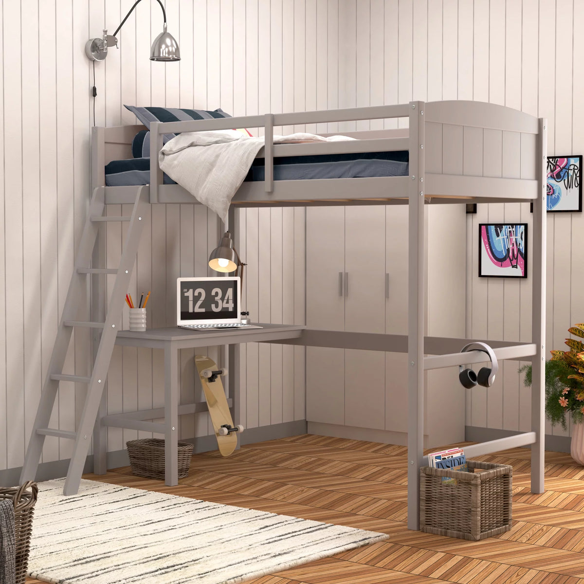 Gray Wood Twin Loft Bed with Desk N568