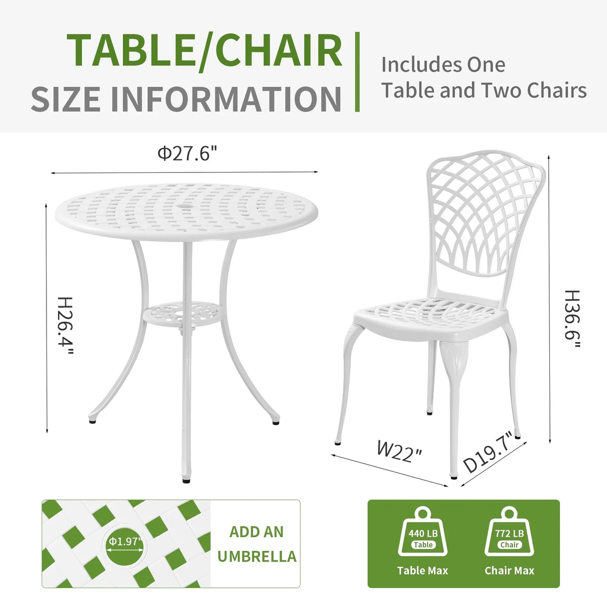 3 Piece Cast Aluminum Bistro Table and Chairs Set of 2 White M6534