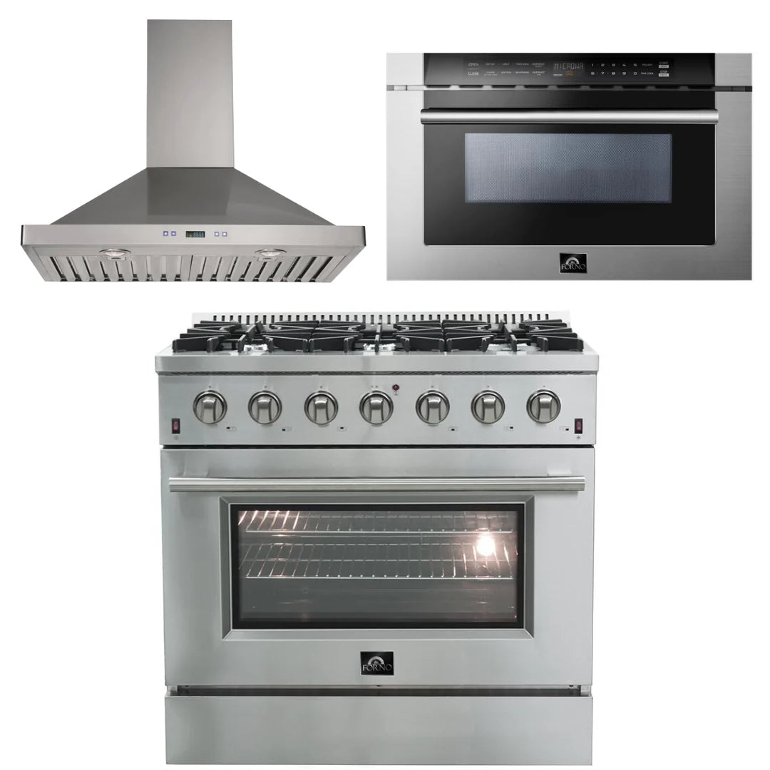 36 Inch Gas Range, Wall Mount Range Hood, Microwave Drawer X429149