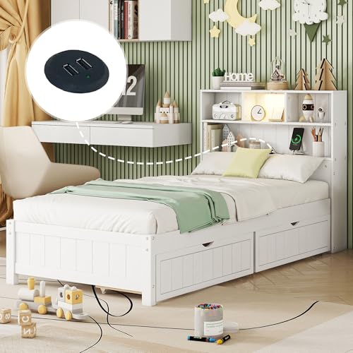 White Wood Twin Storage Bed with Bookcase Headboard and USB Charging Station Z552786