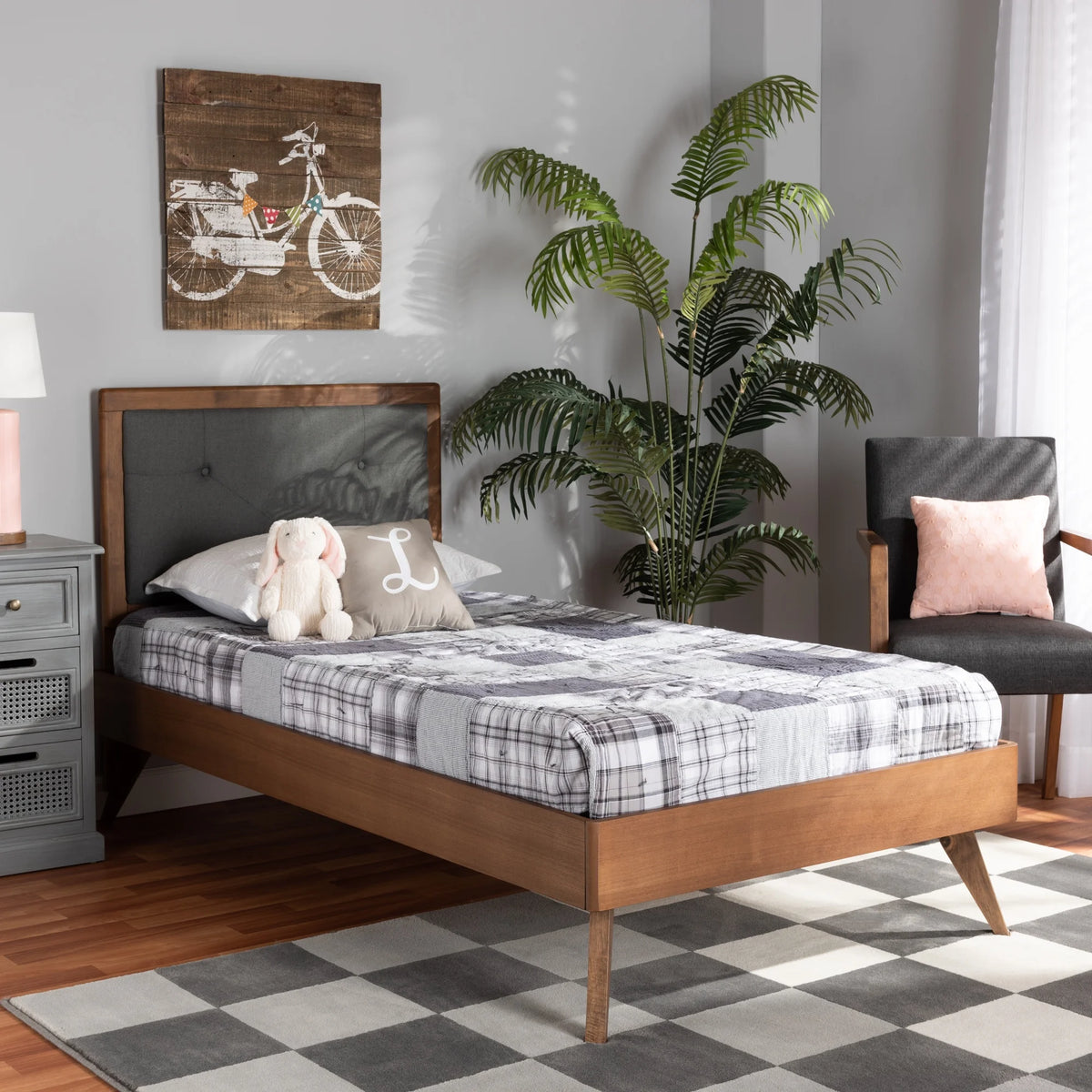 Dark Grey Fabric Upholstered Walnut Brown Wood Twin Size Platform Bed F35303
