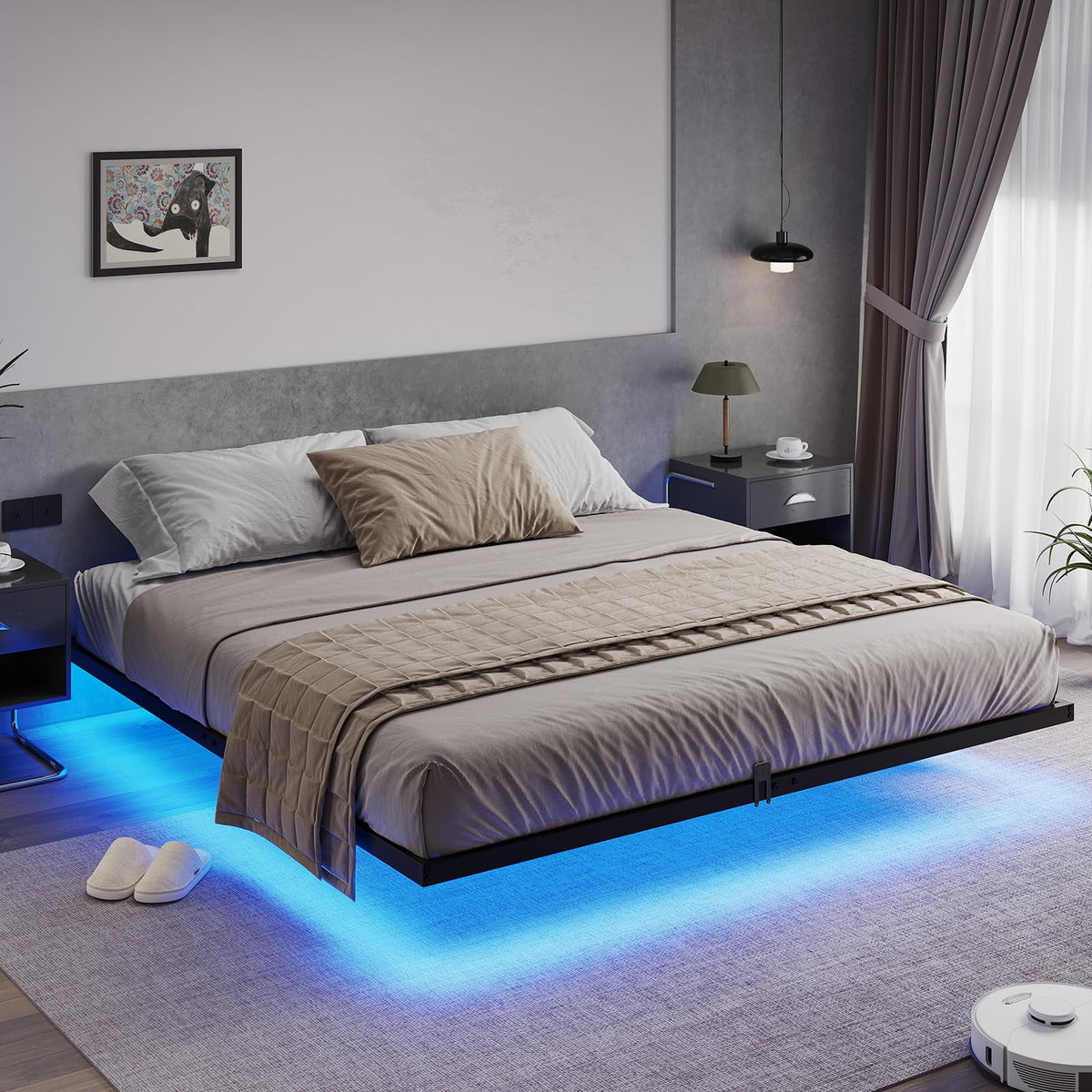 Queen Size Black Metal Platform Bed Frame with LED Lights T860