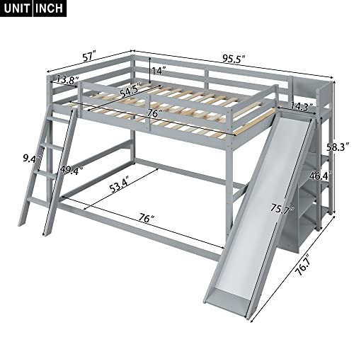 Modern Grey Wood Bunk Bed with Slide and Storage Shelves Q2980