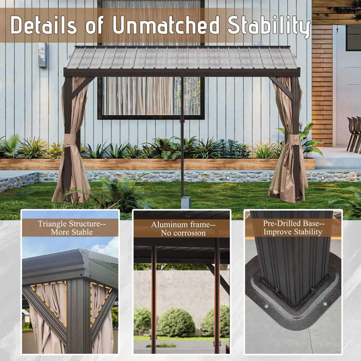 10x12FT Hardtop Wall Mounted Gazebo with Curtains and Netting I90687