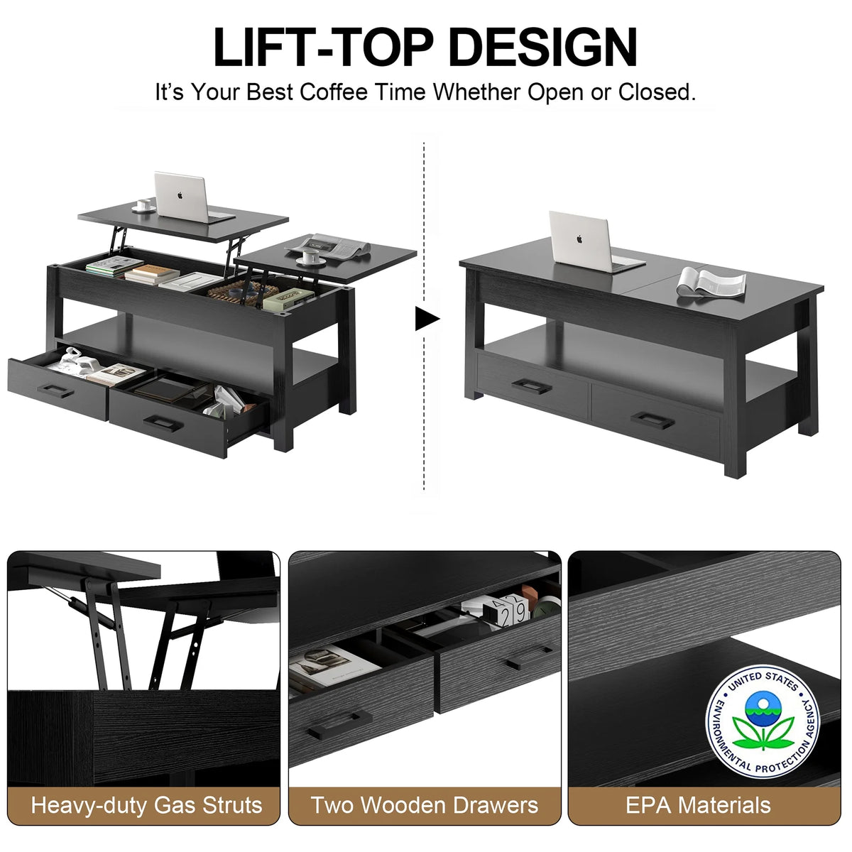 47.2'' Lift Top Coffee Table with Storage, 2 Drawers Black V16623