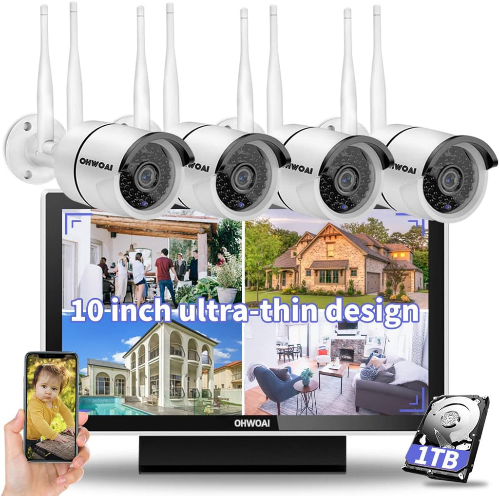 Wireless Security Camera System with 10 HD Screen, 4Pcs WiFi IP Cameras O952864