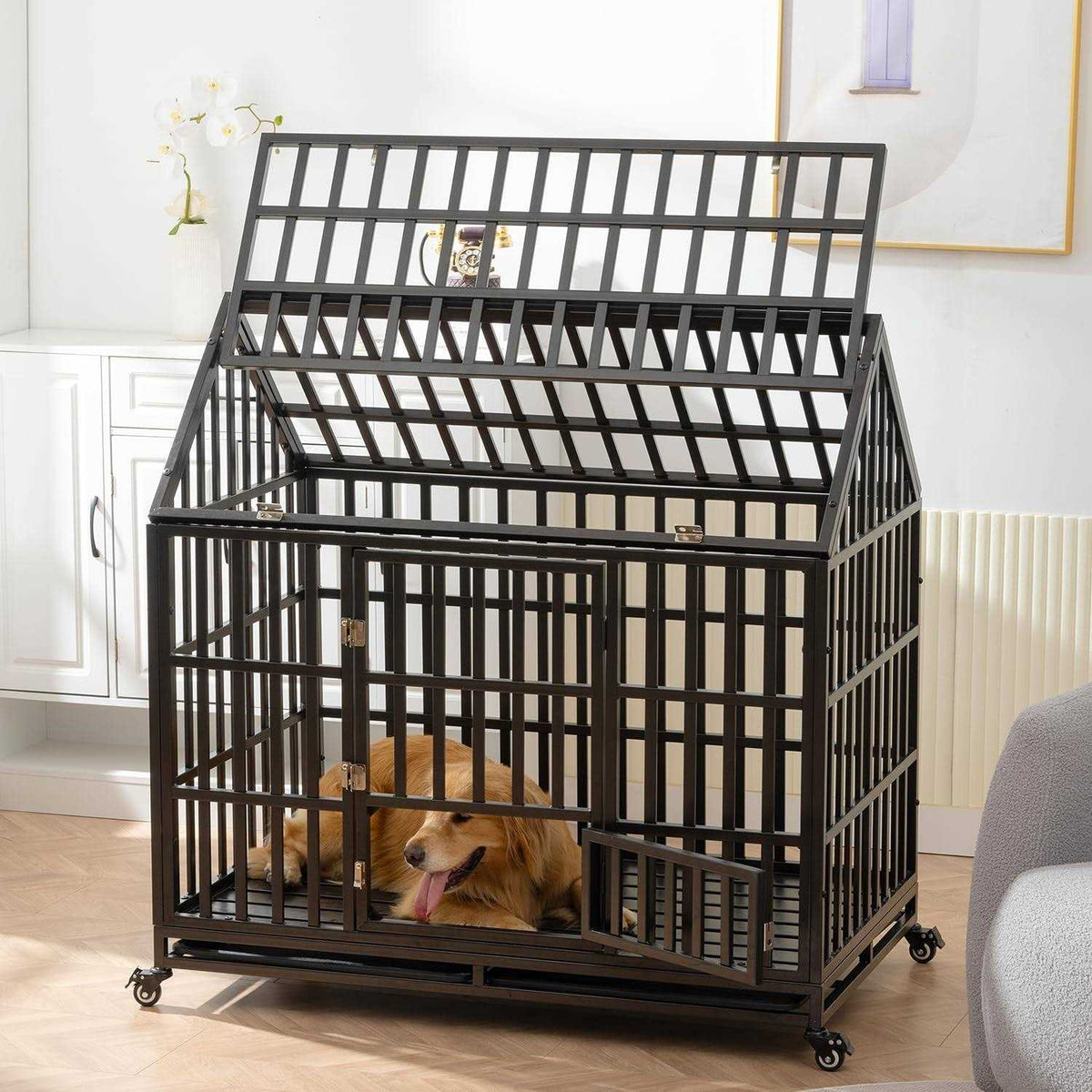 Heavy Duty Metal Dog Crate with 4 Lockable Wheels C195