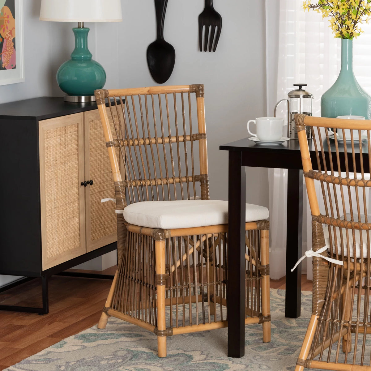 White Fabric and Natural Brown Rattan Dining Chair D523