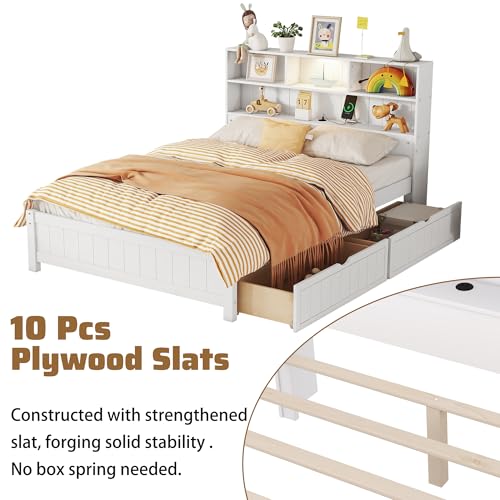 White Wood Twin Storage Bed with Bookcase Headboard and USB Charging Station Z552786