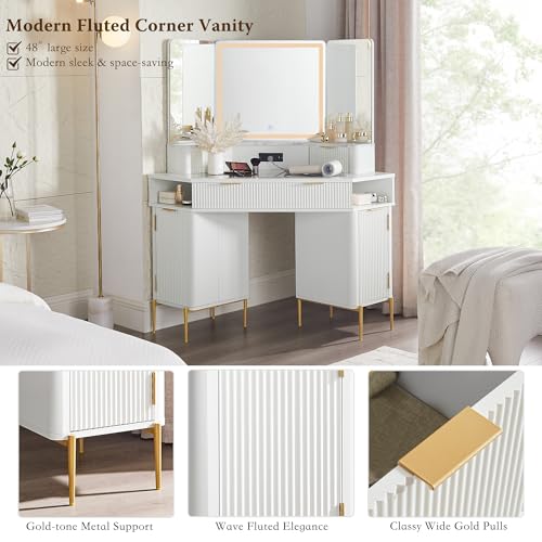White Corner Vanity Desk with Mirror and Lights, Glass Top, 3 Drawers M60150