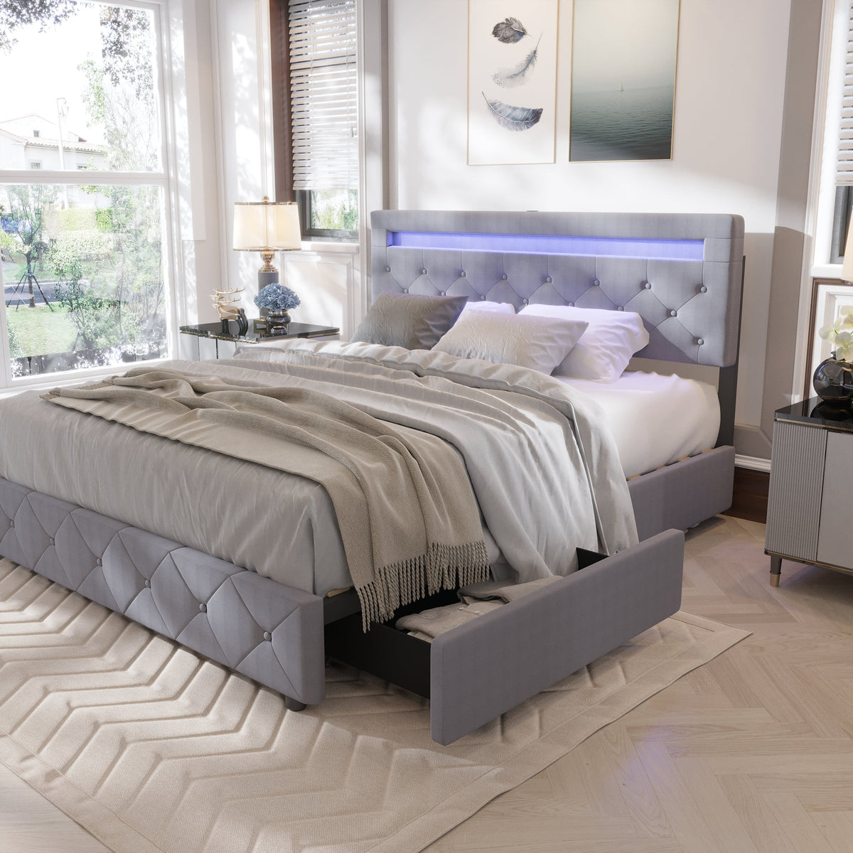 Full Size Upholstered Platform Bed Frame with LED Light Headboard Z1953
