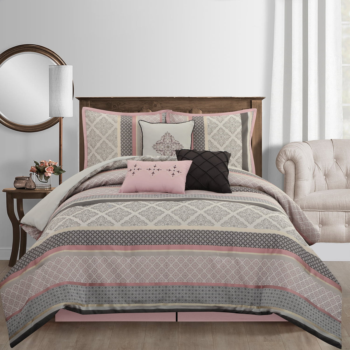 Blush King Size 7 Piece Jacquard Comforter Set U76913