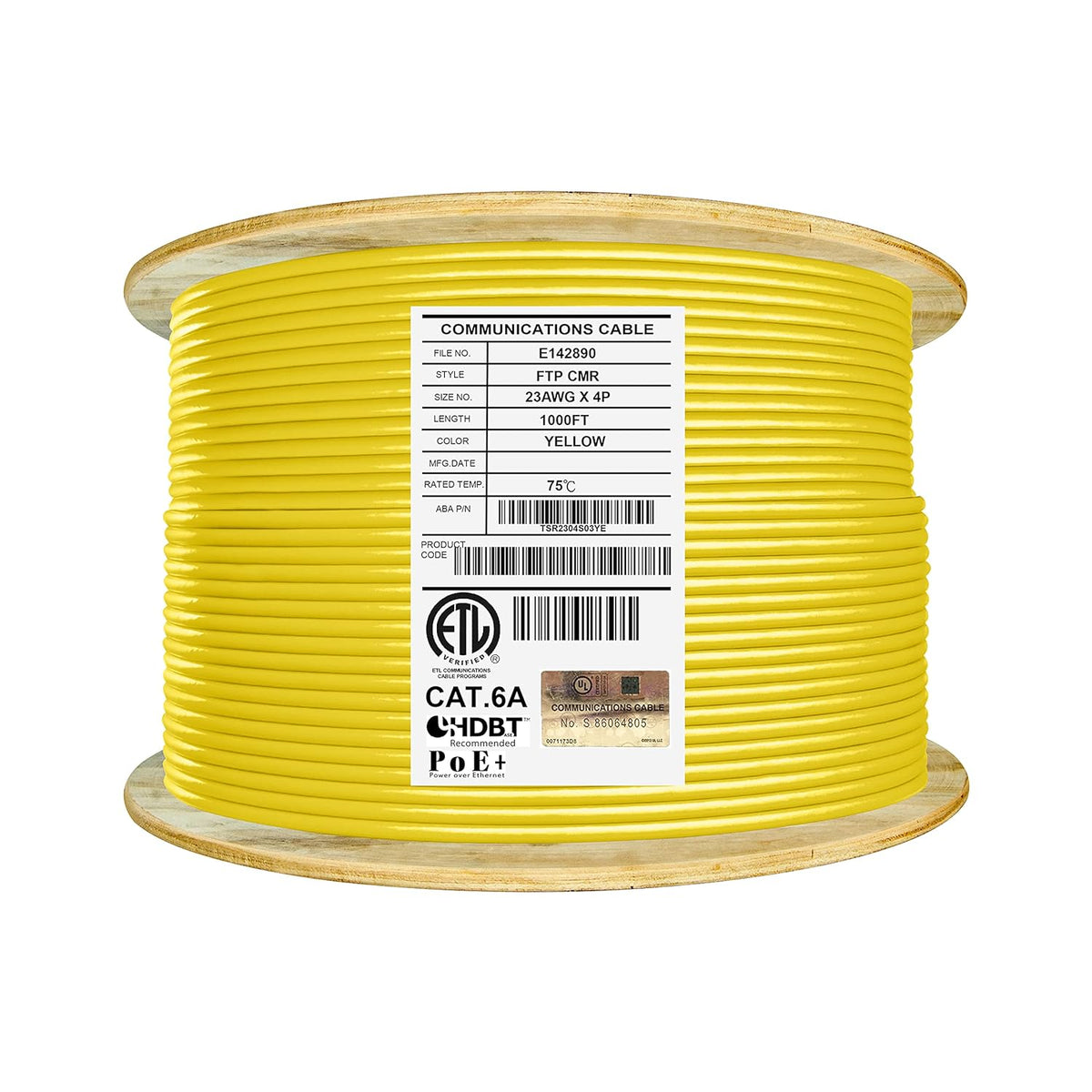 Cat6A Shielded Riser 1000ft FTP 23AWG Solid Bare Copper Ethernet Cable Reel Yellow X286