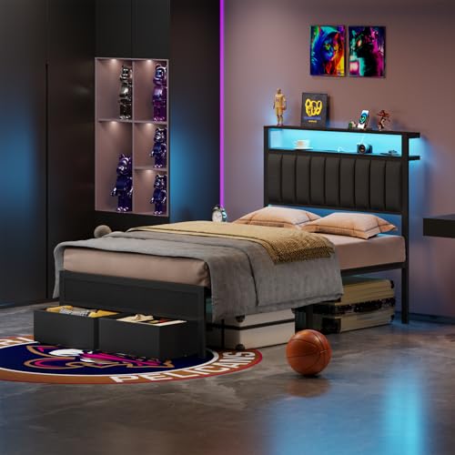 Grey Upholstered Twin Bed Frame with Charging Station and LED Lights C461