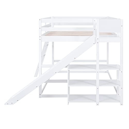 Modern Grey Wood Bunk Bed with Slide and Storage Shelves Q2980