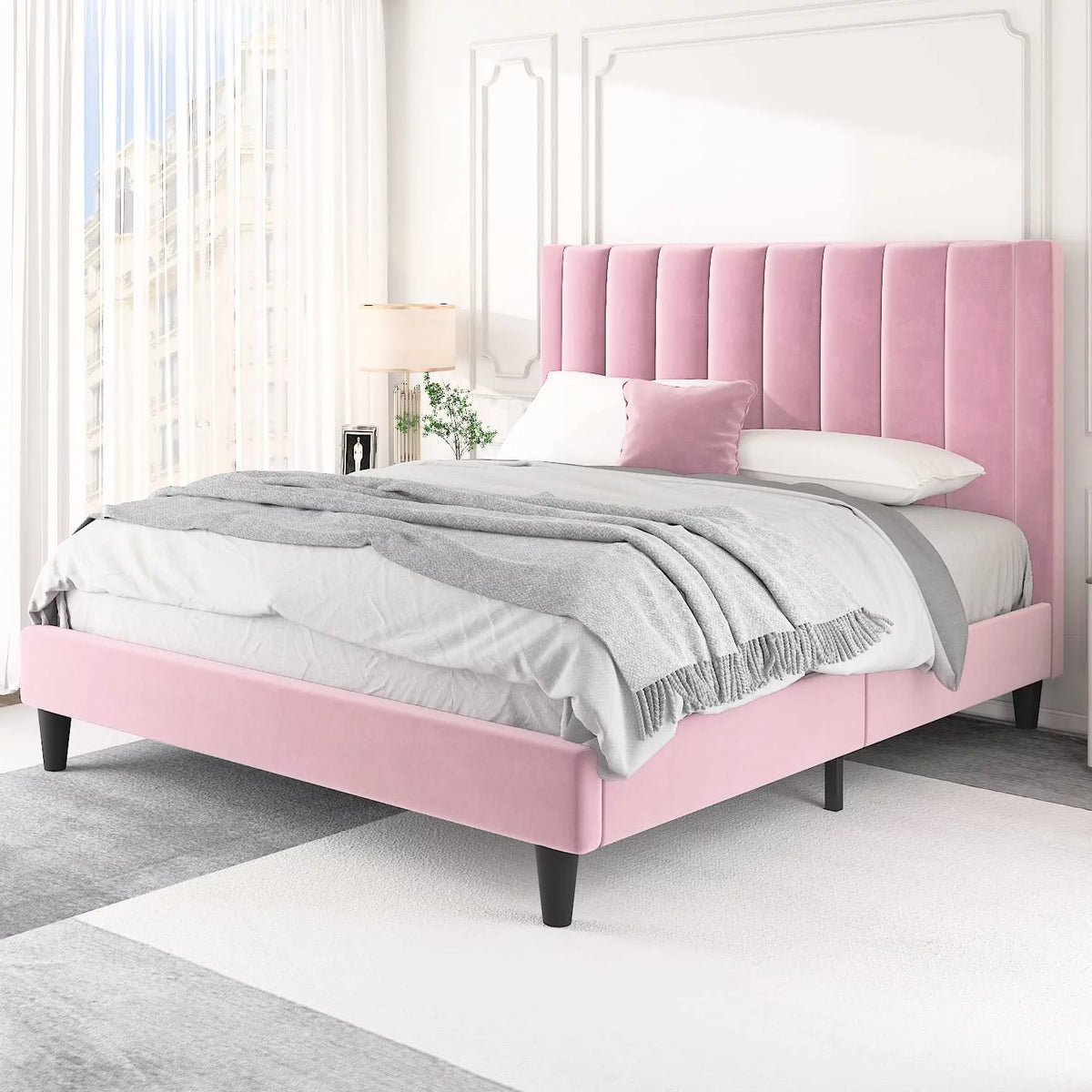 Full Size Platform Bed Frame with Velvet Headboard S1876