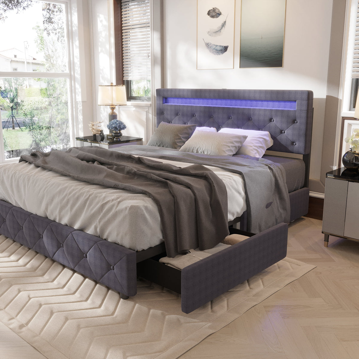 Full Size Upholstered Platform Bed Frame with LED Light Headboard Z1953