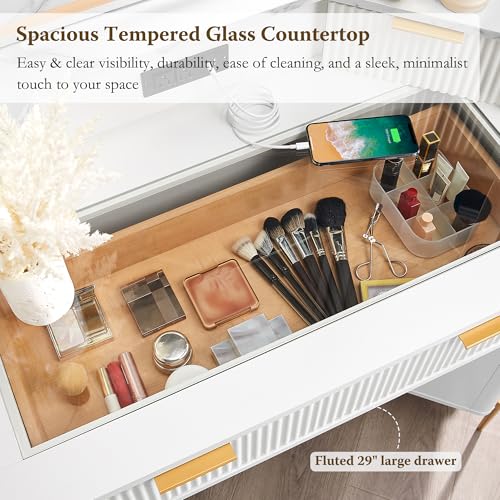 White Corner Vanity Desk with Mirror and Lights, Glass Top, 3 Drawers M60150