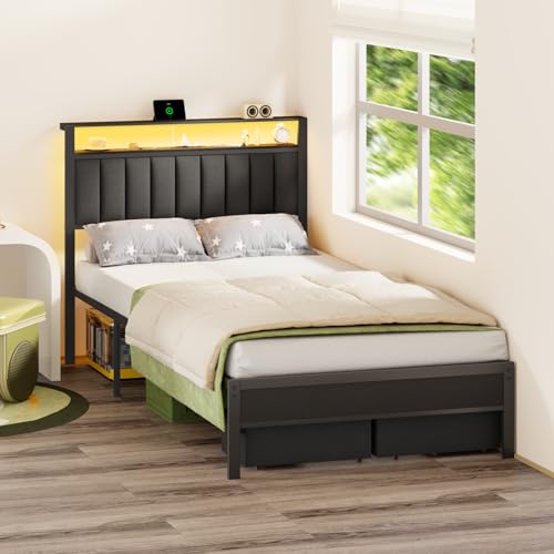 Grey Upholstered Twin Bed Frame with Charging Station and LED Lights C461
