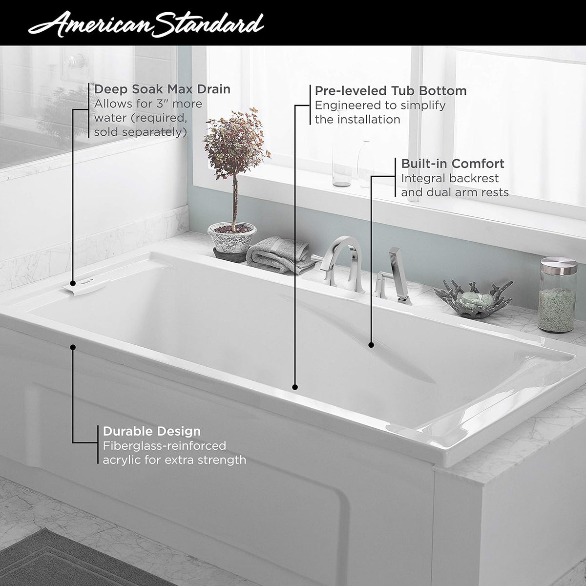 Deep Soaking Tub with Reversible Drain S88491