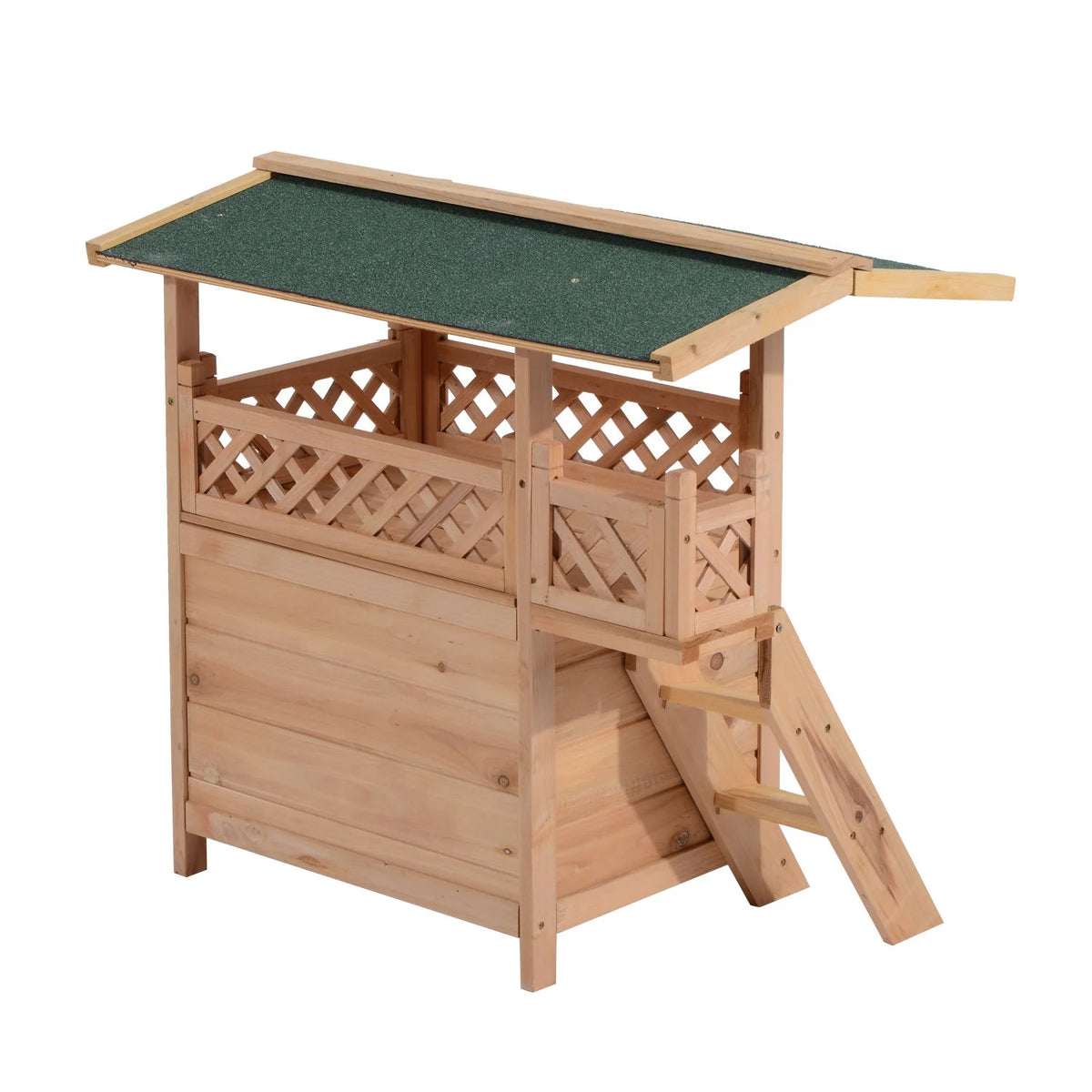 2-Story Wooden Cat House Shelter With Balcony Roof I916
